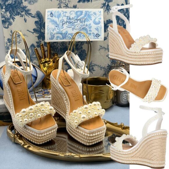 🆕 GIANNI BINI 🧿 NWOB Savanna Pearl Ornamented Platform Wedge Sandals, Sz 7 - Picture 1 of 13